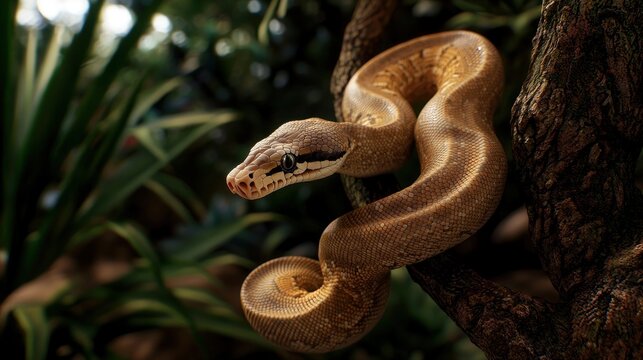 Close-up of a golden python resting on a tree branch amidst lush green foliage