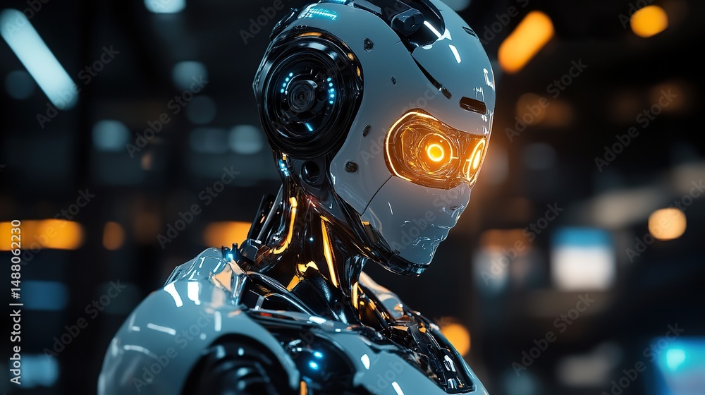 Aufkleber a robotic android powered by a glowing electric core in a dark futuristic lab.