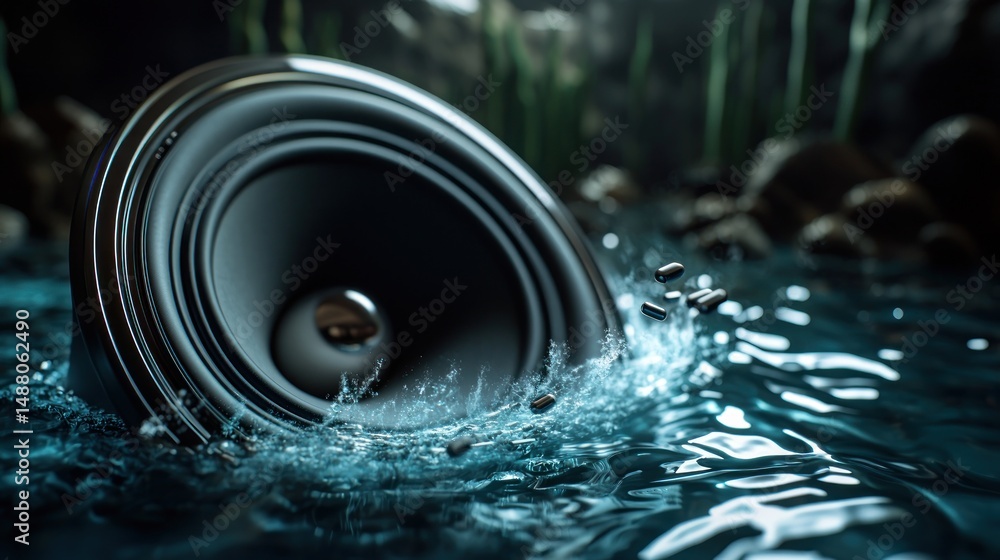 Poster a large speaker partially submerged in water, creating splashes, surrounded by a serene natural sett