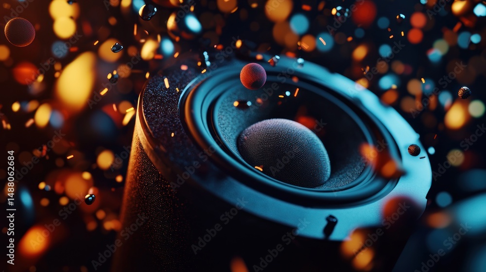 Poster close-up of a speaker driver surrounded by colorful sound waves and particles in motion