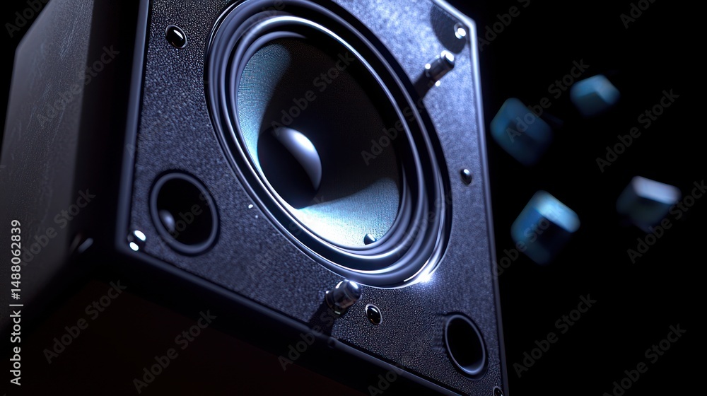 Poster close-up view of a high-fidelity speaker with sound waves emanating in a dark setting