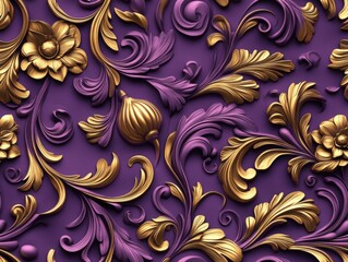 Ornate pattern with intricate gold and violet floral and leaf motifs. The detailed design includes curved leaves, buds, and flowers, creating a harmonious and elegant aesthetic