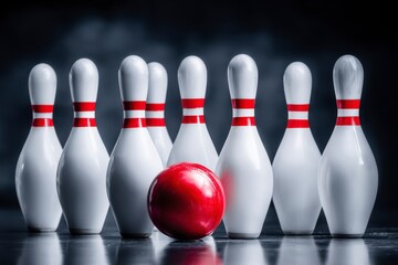 Naklejka premium Bowling Pins and Red Ball Awaiting Strike on Dark Surface in Exciting Indoor Game Setting