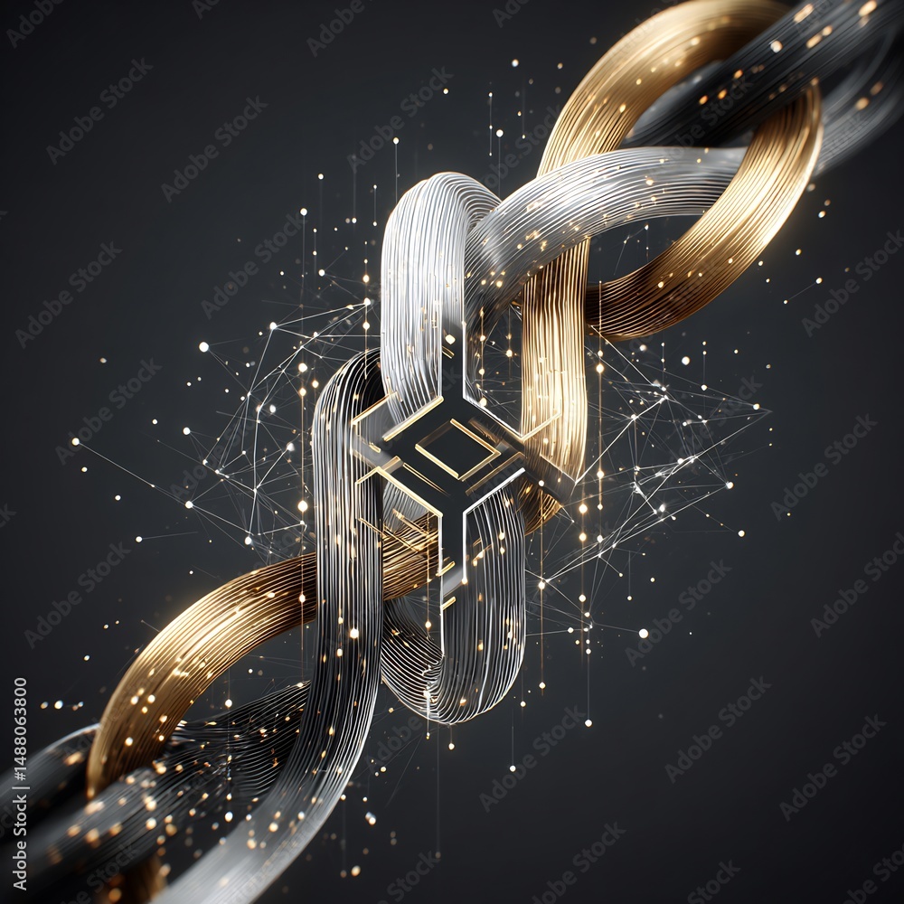 Poster interlocking metallic strands with luminous nodes: a dynamic digital connectivity