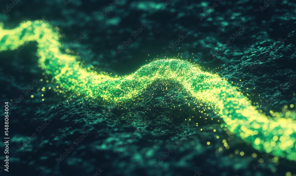 Poster glowing particles flowing on dark surface, abstract background for tech