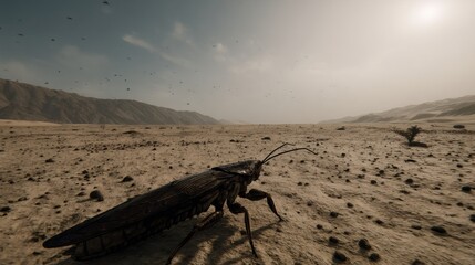 Giant insect in desert wasteland under cloudy sky. Post apocalyptic environment with barren mountain landscape. Sci-fi concept art for gaming and movie production design