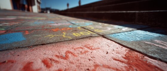 Colorful chalk art and writing cover the ground, showing creativity and playful expressions against an urban backdrop.