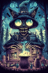 Obraz premium A witch's cottage deep in the forest with bubbling cauldrons, flying potion bottles, and a familiar black cat with eyes that glow an unnatural green in the darkness