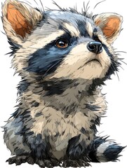 An adorable baby raccoon portrait illustration with detailed fur texture and expressive eyes looking upward on white background.