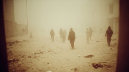 People walking through dusty foggy terrain in sepia tone. Group silhouettes in post apocalyptic landscape. Desert storm survival scene with dramatic atmosphere. War or disaster concept