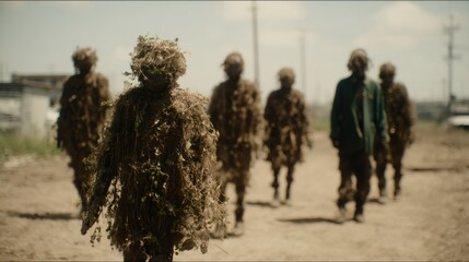 Military soldiers in camouflage ghillie suits and combat uniforms walking on dirt road. Tactical military operation, warfare simulation and army training concept with copy space