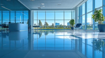 Modern Office Interior with Large Windows and Reflective Floor