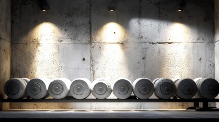 Gray dumbbells against concrete wall