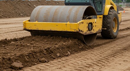Heavy-duty yellow road roller compacting soil during construction site, earthworks, infrastructure project