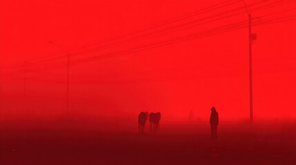 Naklejka premium Mysterious silhouettes of people against bright red sky at sunrise or sunset. Foggy minimal landscape with power lines in apocalyptic atmosphere. Dark figures on rural road concept