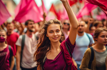 Fototapeta premium women empowerment : activists europe women defending rights on 8 march demonstration international womens day. Purple colours.