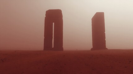 Mysterious monolithic structures standing tall in foggy desert landscape during red dust storm. Post apocalyptic scenery with ancient ruins. Dramatic mystical scene for science fiction concept