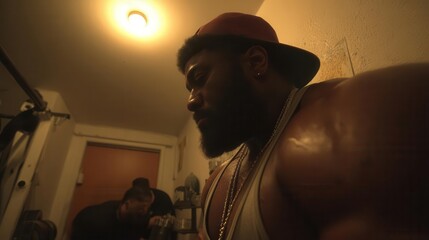 Man with strong physique in interior