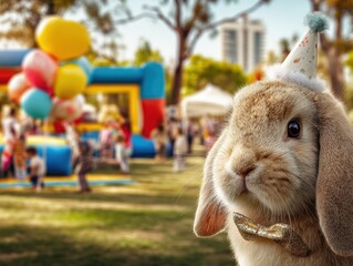 Brown rabbit wearing a party hat and bow tie stands in focus. Blurred background shows colorful balloons and inflatable structures at an outdoor gathering with people celebrating