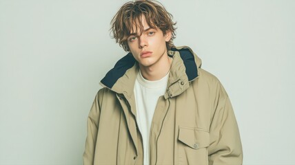 Portrait of a Young Man in a Relaxed-Fit Beige Jacket