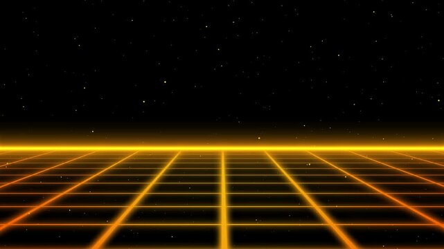 Retro dynamic grid background animation with flat down position. Outer glow, yellow color