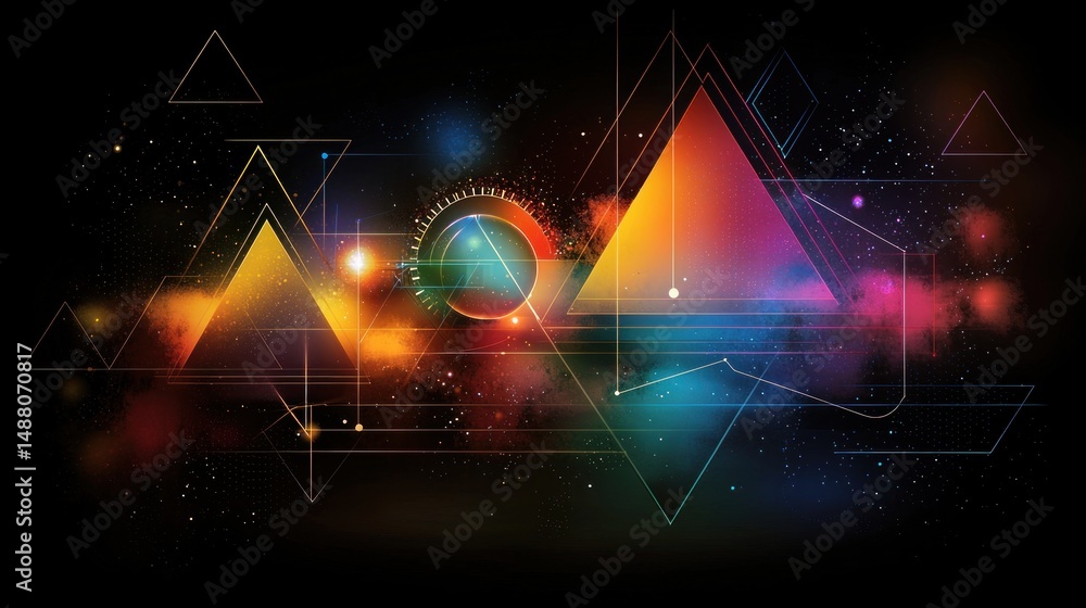 Poster abstract colorful geometric shapes and cosmic elements creating a vibrant digital artwork
