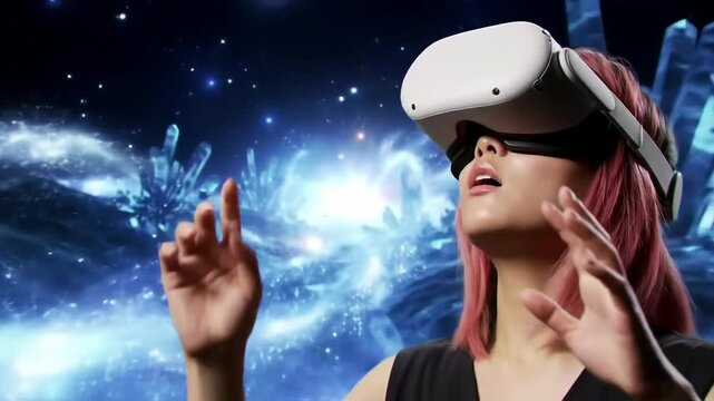Woman in VR Headset Explores Glowing Crystal Metaverse World