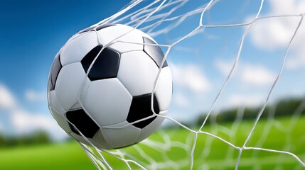 Soccer Ball Flying Into The Goal Net Under Clear Blue Sky With Green Field In Background
