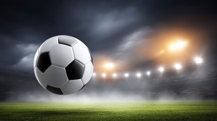 Soccer Ball in Mid Air with Dramatic Lighting During a Night Football Match in an Outdoor Stadium