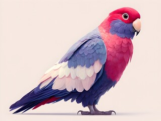 Obraz premium A vibrant crimson and blue parrot stands elegantly against a soft beige background showcasing its detailed plumage and captivating gaze.