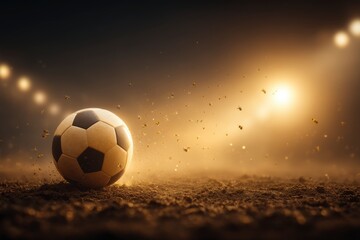 Naklejka premium Soccer Ball Rolling on Dusty Field Under Stadium Lights During Exciting Night Match