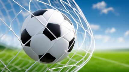 Soccer Ball Scoring a Goal in a Net Against a Bright Blue Sky and Lush Green Field