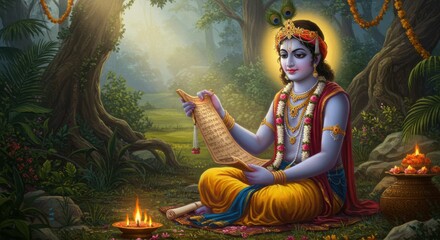 Fototapeta premium Krishna, the divine figure, engrossed in sacred scriptures amidst a tranquil forest setting