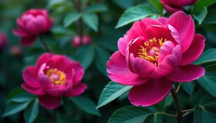 Bold peony blooms and lush foliage, vibrant jewel tones, seamless, print, vibrant