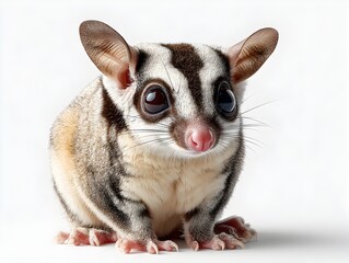 An adorable sugar glider possum sits on a white background posing for a close-up studio portrait photograph.