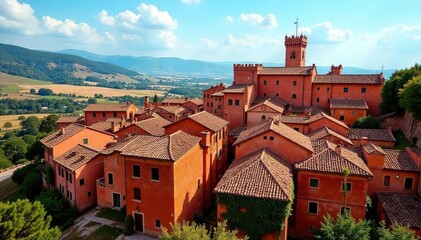 Fototapeta premium Medieval town, terracotta rooftops, ochre walls, history, Tuscan town scene, brick