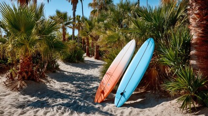 Surfboards on sandy tropical beach path