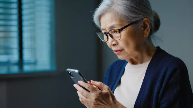 スマホ操作に悩む高齢者、携帯に戸惑うシニア世代、スマホ詐欺に警戒する祖父母