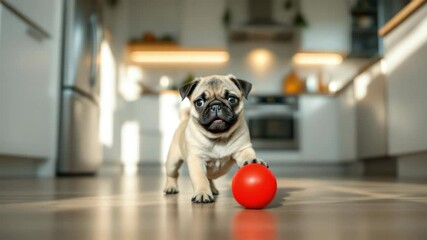 Cute pug puppy playing with a red ball in a bright kitchen with copy space