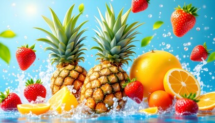 A vibrant display of fresh pineapples, strawberries and citrus fruits with water splashes 
