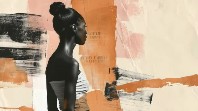 Artistic video still of a woman in a strapless dress, side profile. Abstract brushstrokes, earthy tones, low-angle shot, textured background. Live desktop wallpaper.