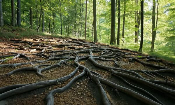 Video shows tree roots covering the ground in a forest. The roots are tangled and spread out, creating a natural pattern. Green trees and sunlight fill the background.
