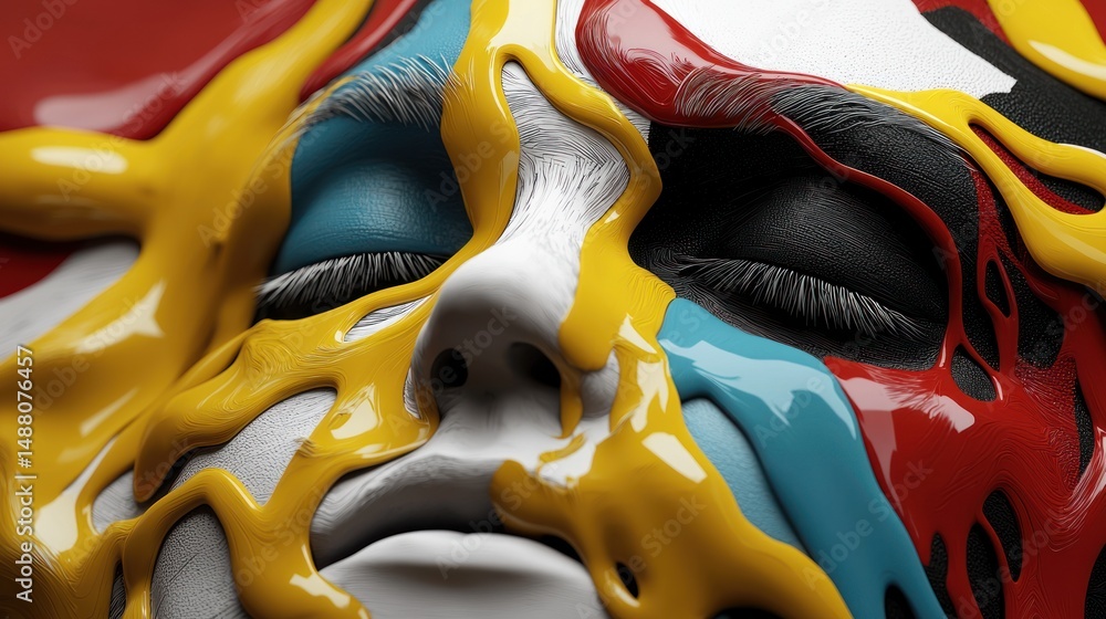 Poster abstract portrait of a person with colorful paint dripping over their face, creating a striking visu