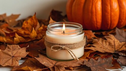 Pumpkin spice candle with dried leaves