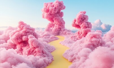 Pink cloudscape, yellow path, dreamy sky, surreal landscape, fantasy art