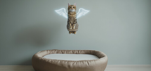 Cat angel wings pet bed floating heaven surreal fantasy memorial pet loss animal lover whimsical home decor concept modern minimalist veterinary grief banner mockup copyspace kitten died sad peaceful