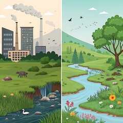 Environmental conservation &ndash; A side-by-side comparison of a polluted area and a lush green landscape, contrasting sustainability efforts.