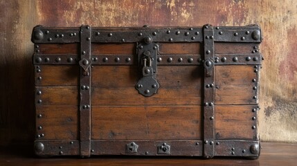 Antique wooden trunk with riveted iron straps, evoking a sense of history
