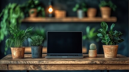 Modern Workspace with Laptop and Indoor Plants on Rustic Table