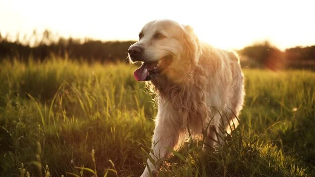 Adorable Golden Retriever Dog Walking On A Field At Sunset As Part Of Its Evening Routine